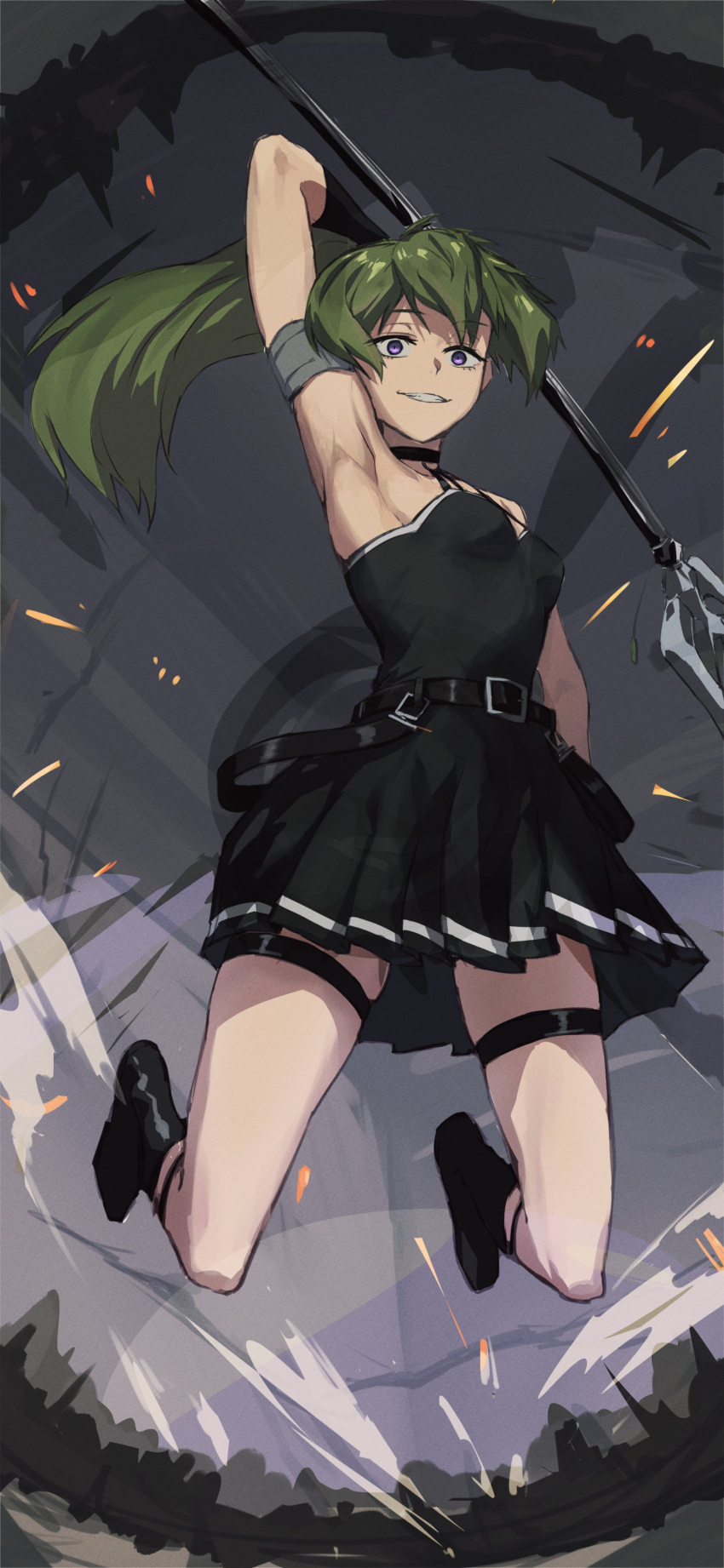 1girl absurdres arm_strap armlet armpit_focus armpits belt black_belt black_dress black_gloves breasts choker commentary_request dress evil_grin evil_smile fighting_stance gloves green_hair grin highres holding holding_staff holding_weapon jumping long_hair looking_at_viewer mage_staff medium_breasts o-ring o-ring_choker purple_eyes sakazuki_sudama side_ponytail single_glove smile solo sousou_no_frieren staff suspenders_hanging thigh_strap ubel_(sousou_no_frieren) weapon
