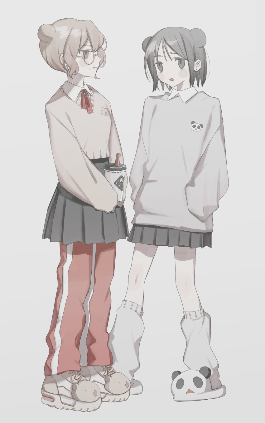 2girls animal_ears animal_slippers bear_ears black_hair black_skirt blush_stickers brown_eyes brown_hair collared_shirt cup disposable_cup double_bun earrings food food_on_face full_body glasses grey_background grey_eyes grey_hair grey_sweater hair_bun hands_in_pockets highres holding holding_cup jewelry long_sleeves looking_at_another loose_socks multiple_girls nakko_(7nt5ta) neck_ribbon open_mouth original panda_slippers pants pants_under_skirt pleated_skirt red_pants red_ribbon ribbon round_eyewear school_uniform shirt shoes short_hair sidelocks simple_background skirt sleeves_past_fingers sleeves_past_wrists slippers socks standing sweater track_pants white_footwear white_shirt