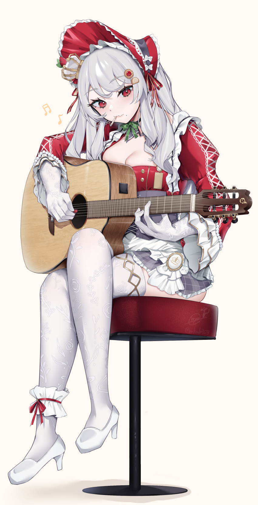 1girl absurdres amazura_sumoa bar_stool bow bowtie bracelet breasts cigarette cleavage closed_mouth crossed_legs crown enryuu_(rmxs3488) fang food-themed_hair_ornament frilled_headwear frilled_skirt frills gloves green_bow green_bowtie grey_corset grey_hair grey_skirt guitar hair_ornament hat hat_bow high_heels highres holding holding_guitar holding_instrument holding_plectrum instrument jewelry long_hair mini_crown mole mole_under_mouth musical_note pearl_bracelet plectrum red_eyes red_headwear signature sitting skin_fang skirt smoking solo stool thighhighs twitter_username vebop_project virtual_youtuber white_bow white_footwear white_gloves white_thighhighs