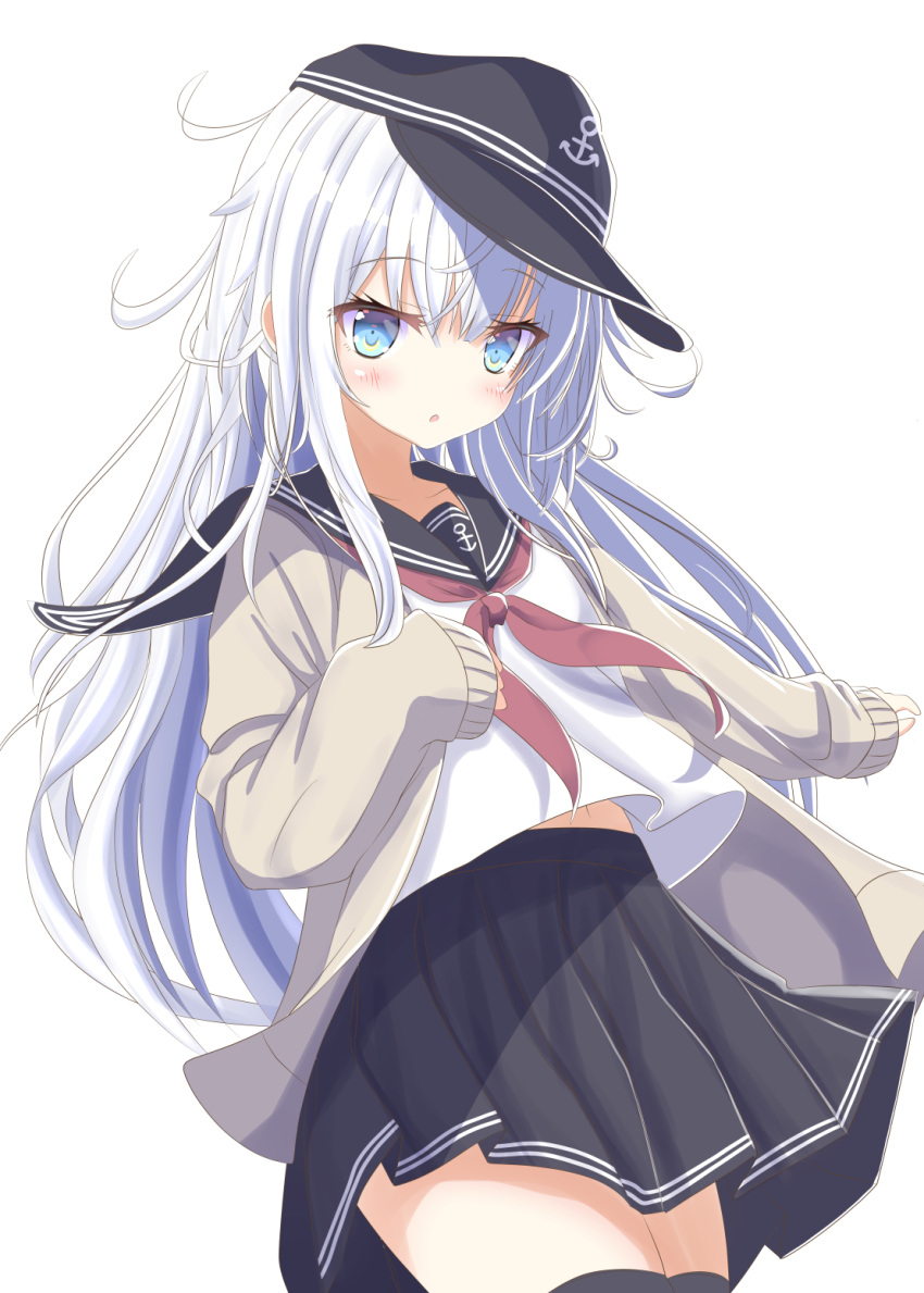 1girl anchor_symbol aruka_(alka_p1) black_headwear black_legwear black_sailor_collar black_skirt blue_eyes blush cardigan commentary_request cowboy_shot eyebrows_visible_through_hair flat_cap grey_cardigan hair_between_eyes hat hibiki_(kancolle) highres kantai_collection long_hair long_sleeves midriff_peek neckerchief open_mouth pleated_skirt red_neckerchief sailor_collar school_uniform serafuku silver_hair simple_background skirt solo thighhighs white_background