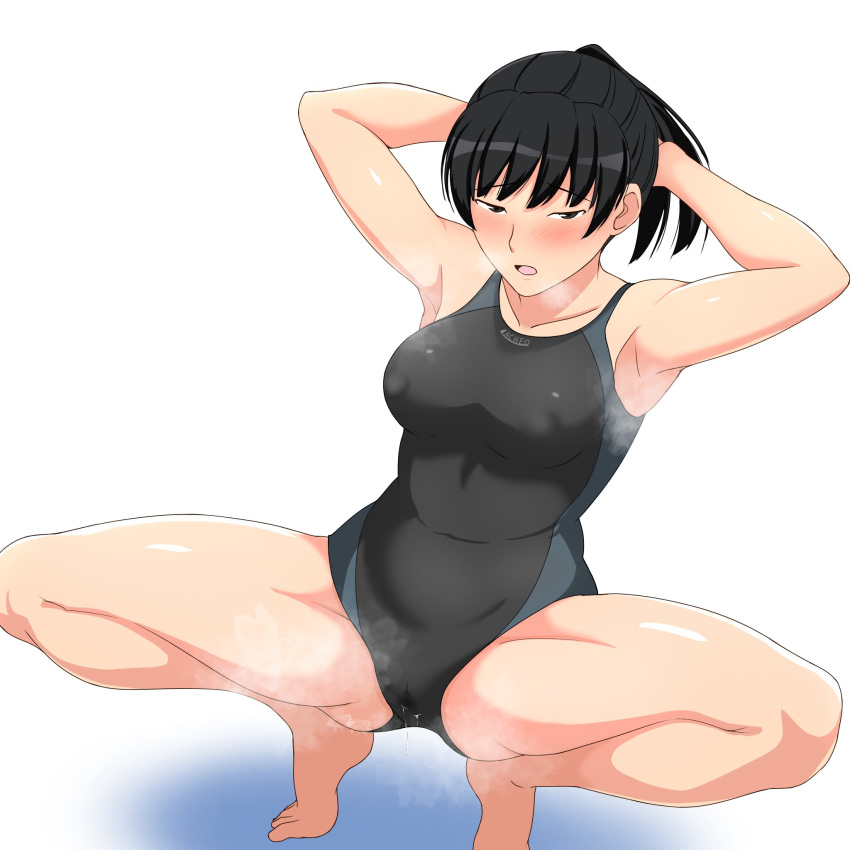 1girl amagami armpits arms_behind_back arms_up ass_visible_through_thighs bare_shoulders barefoot black_eyes black_hair black_one-piece_swimsuit blue_one-piece_swimsuit blush breasts cameltoe collarbone competition_swimsuit covered_nipples hanaguma highres legs looking_at_viewer medium_breasts one-piece_swimsuit open_mouth ponytail short_hair solo spread_legs squatting steaming_body swimsuit thighs tsukahara_hibiki two-tone_swimsuit wet