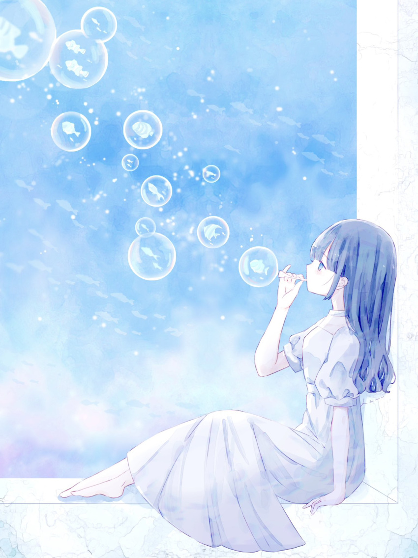 1girl barefoot blue_eyes blue_hair blue_theme bubble bubble_blowing dress fish from_side full_body hand_up highres kotono_n0 long_hair original profile puffy_short_sleeves puffy_sleeves short_sleeves sitting sky solo white_dress