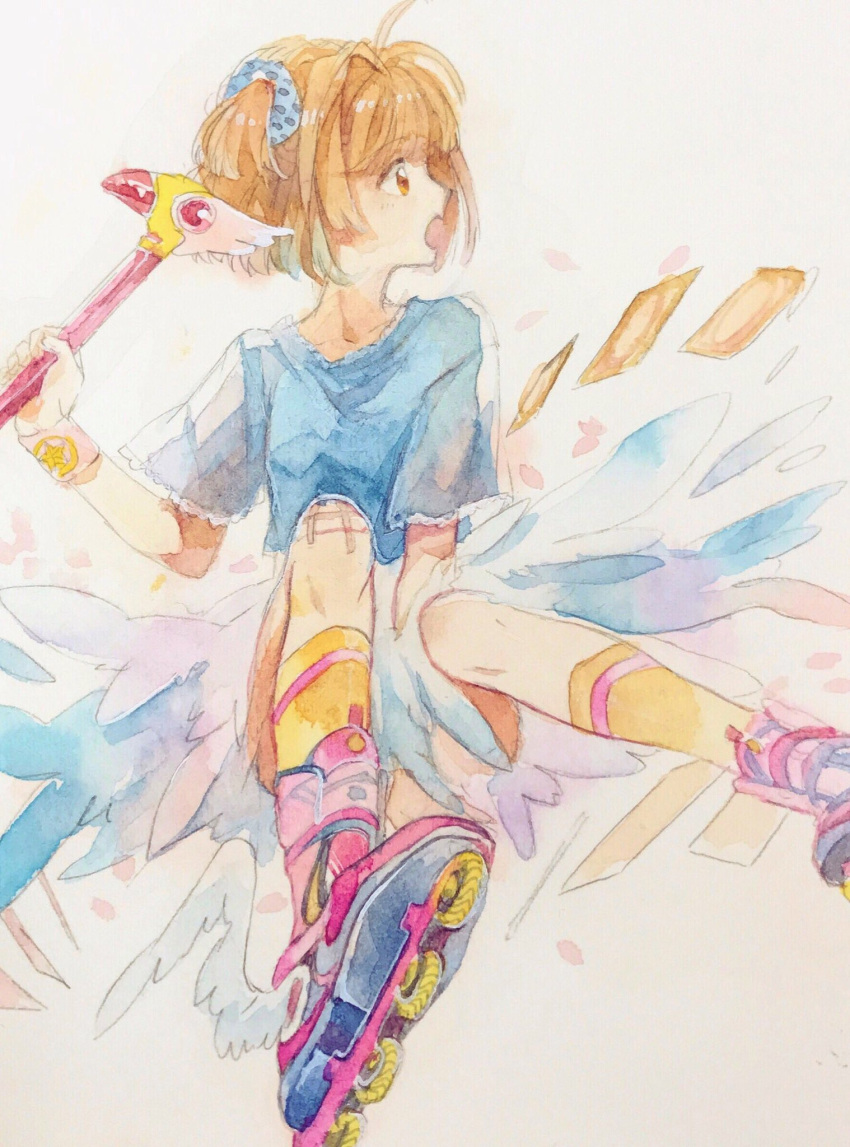 1girl antenna_hair between_legs blue_shirt blue_wings brown_eyes brown_hair card cardcaptor_sakura clow_card fuuin_no_tsue highres holding holding_wand inline_skates kinomoto_sakura magical_girl open_mouth painting_(medium) profile roller_skates shirt short_hair short_sleeves skates socks solo srnmomo traditional_media wand watercolor_(medium) white_background wings