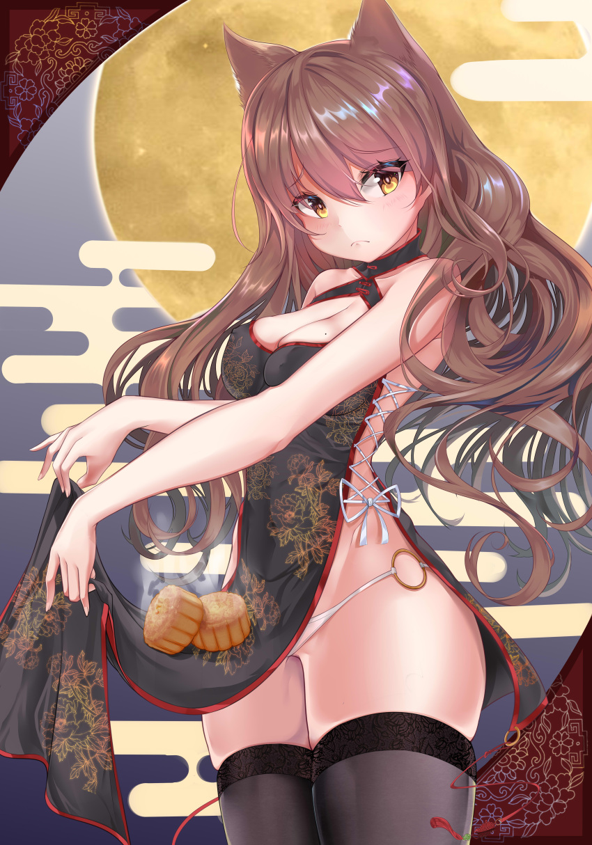 1girl absurdres animal_ears arknights bare_shoulders black_legwear breasts brown_hair cat_ears cat_girl china_dress chinese_clothes chinese_commentary cleavage closed_mouth curly_hair dress eyebrows_visible_through_hair floral_print frown gold_trim hair_between_eyes highres lifted_by_self looking_away looking_to_the_side medium_breasts mid-autumn_festival mikawa_sansen mole mole_on_breast mooncake o-ring o-ring_bottom o-ring_panties panties ribbon-trimmed_clothes ribbon_trim skyfire_(arknights) solo steam strapless strapless_dress thighhighs thighs underwear yellow_eyes