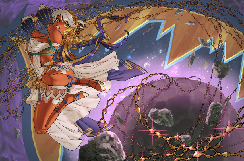 1girl andromeda_(fate) andromeda_(first_ascension)_(fate) bandou_(tm5525) blonde_hair braid breasts chain crown_braid dark-skinned_female dark_skin fate/grand_order fate_(series) gold_chain green_eyes highres jewelry jumping large_breasts long_hair low_twintails rock twintails