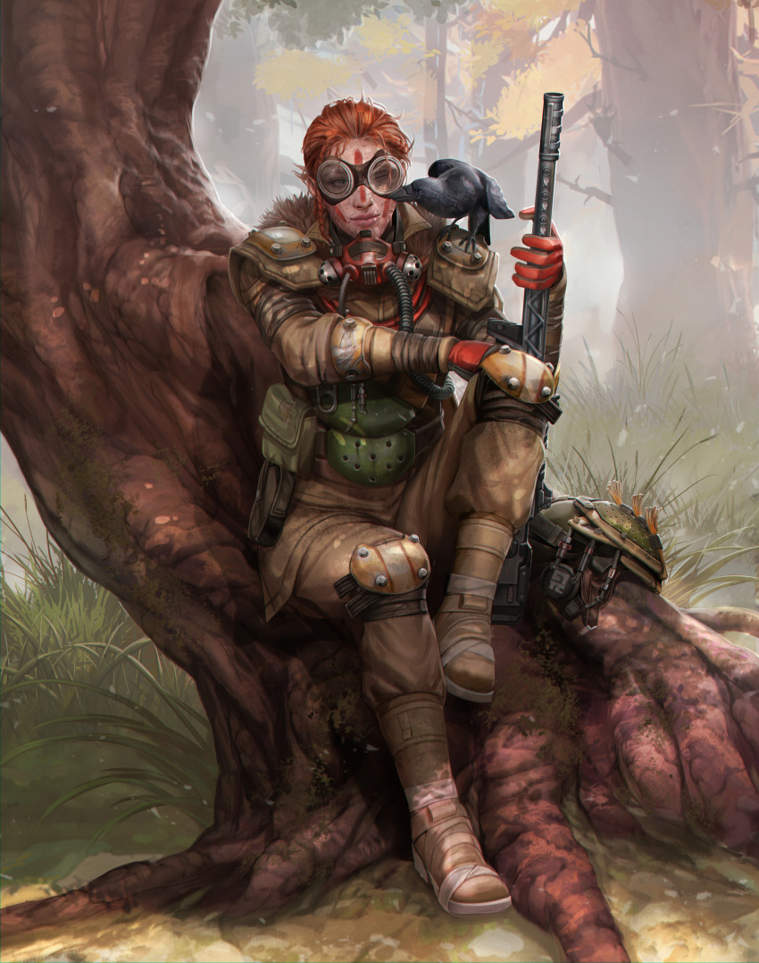 1other absurdres androgynous animal_on_shoulder apex_legends bird bird_on_shoulder bloodhound_(apex_legends) boots braid brown_footwear brown_jacket brown_pants crow eleonora_lisi gloves goggles gun helmet highres holding holding_gun holding_weapon jacket knee_pads looking_to_the_side mask one_eye_closed orange_hair pants pouch red_gloves scar sitting smile unworn_headwear unworn_helmet unworn_mask weapon