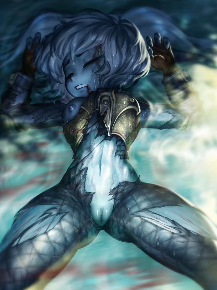 1girl absurdres armor blood blood_on_face blue_hair blue_skin bodysuit breasts broken_armor closed_eyes colored_skin fingerless_gloves gloves highres league_of_legends lying mayhem_art nipples on_back parted_lips poppy_(league_of_legends) pussy short_hair solo torn_bodysuit torn_clothes uncensored unconscious yordle