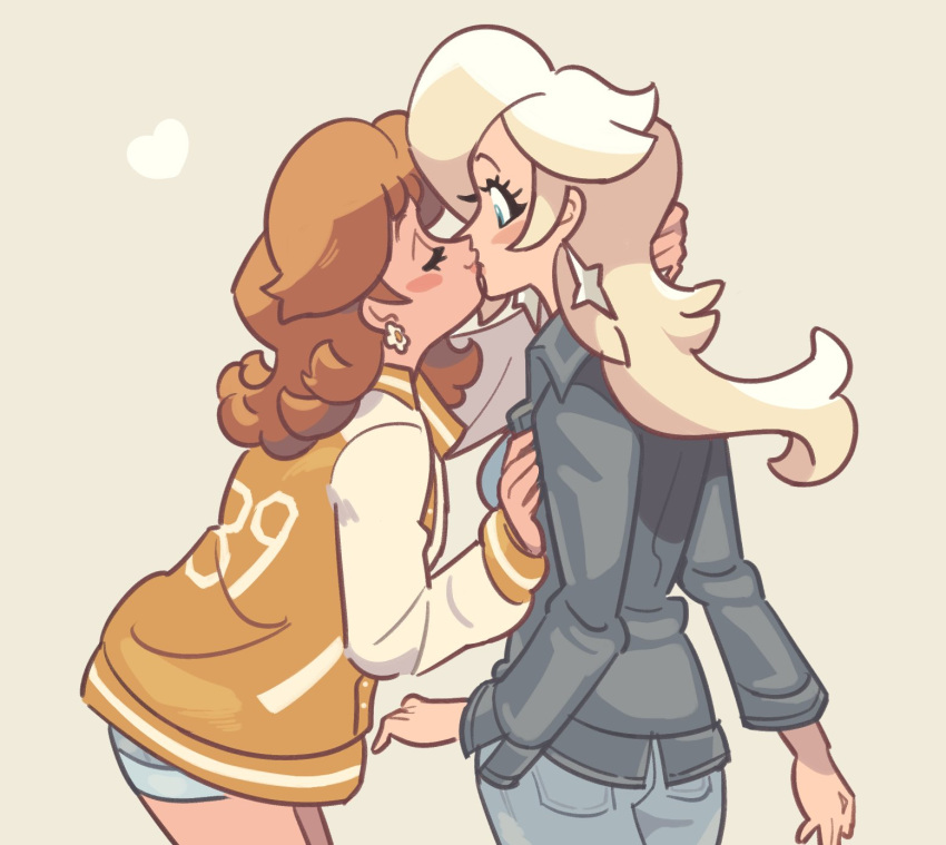 2girls arms_at_sides black_jacket blonde_hair blue_eyes blush blush_stickers brown_hair closed_eyes cowboy_shot denim denim_shorts earrings eyelashes flipped_hair flower_earrings from_side hair_over_one_eye hand_in_another's_hair hand_on_another's_chest heart highres jacket jeans jewelry kiss leaning_on_person letterman_jacket lips long_hair loveycloud mario_(series) multiple_girls numbered orange_jacket pants princess_daisy rosalina shorts smile star_(symbol) star_earrings yellow_background yuri