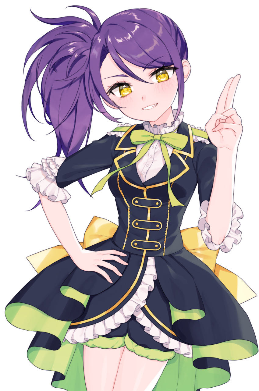 1girl :d absurdres black_dress black_shorts collared_shirt cowboy_shot dress green_ribbon hand_on_own_hip hand_up highres hourai_ninjin idol_clothes long_hair long_sleeves looking_at_viewer neck_ribbon open_mouth pretty_series pripara purple_hair ribbon salute shirt shorts side_ponytail simple_background smile solo standing toudou_shion two-finger_salute white_background white_shirt yellow_eyes