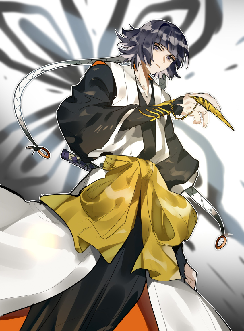 1girl absurdres belt black_hair black_kimono bleach blunt_bangs closed_mouth cowboy_shot hair_ornament hand_up highres japanese_clothes katana kimono looking_at_viewer looking_down purple_eyes sleeveless_haori solo standing sui-feng sword weapon white_background white_haori xi_luo_an_ya yellow_belt