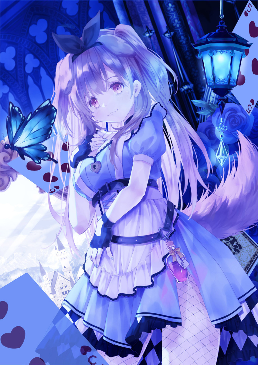 1girl 54hao :3 animal animal_ears apron black_gloves black_hairband black_ribbon blue_dress blue_flower blue_rose breasts brown_eyes brown_hair bug butterfly card cleavage closed_mouth commentary dog_ears dog_girl dog_tail dress fingerless_gloves fishnet_pantyhose fishnets flower frilled_apron frills gloves hair_between_eyes hair_ribbon hairband hand_up heart highres hololive inugami_korone keyhole lantern long_hair medium_breasts pantyhose playing_card puffy_short_sleeves puffy_sleeves ribbon rose short_sleeves smile solo tail two_side_up very_long_hair virtual_youtuber waist_apron white_apron