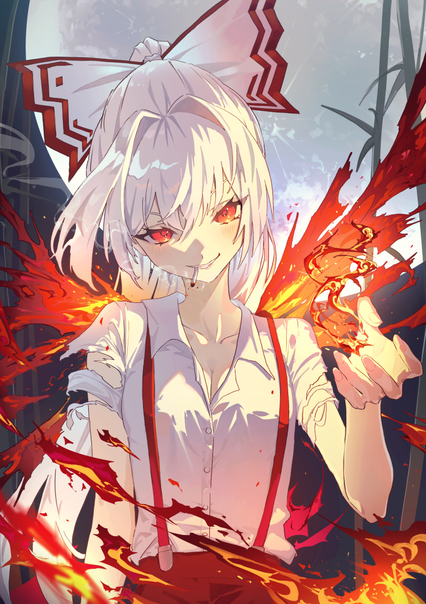 1girl bamboo bamboo_forest bow breasts cigarette cleavage collared_shirt commentary_request cowboy_shot fiery_wings fire forest fujiwara_no_mokou grin hair_bow hair_intakes hand_up highres huge_moon long_hair looking_at_viewer mont_blanca moon nature night pants ponytail pyrokinesis red_bow red_eyes red_pants shirt smile smoke solo suspenders torn_clothes torn_sleeves touhou two-tone_bow very_long_hair white_bow white_hair white_shirt wings