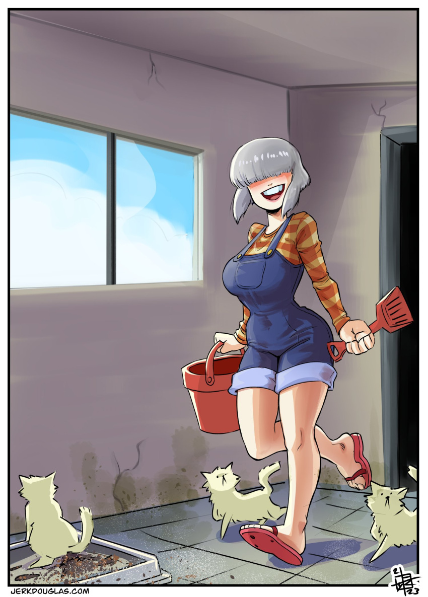 1girl :d artist_logo artist_name blue_overalls blue_sky blunt_bangs blush bob_cut border breasts bucket cat cleaning cloud commentary crack cracked_wall cumulonimbus_cloud dated day dirty doorway dust_cloud english_commentary flip-flops foot_up full_body grey_hair hair_over_eyes highres holding holding_bucket holding_shovel indoors inverted_bob jerk_douglas large_breasts litter_box long_bangs long_sleeves looking_at_viewer messy multiple_cats no_eyes open_mouth orange_shirt overall_shorts overalls poop red_footwear sandals shirt short_hair shovel signature sky smell smile solo striped_clothes striped_shirt teeth tile_floor tiles two-tone_shirt upper_teeth_only uzaki-chan_wa_asobitai! uzaki_yanagi walking web_address white_border window yellow_cat yellow_shirt