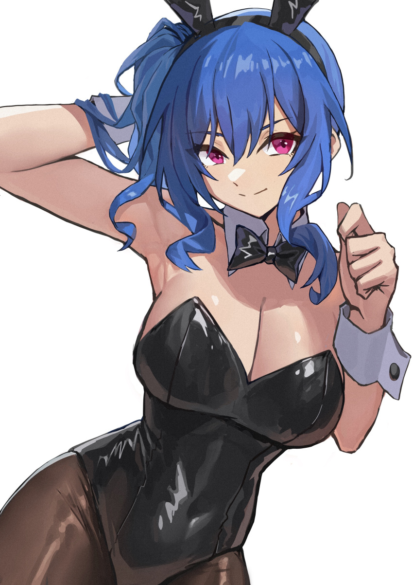 1girl absurdres animal_ears arm_behind_head armpits azur_lane black_bow black_bowtie black_leotard black_pantyhose blue_hair bow bowtie breasts cleavage closed_mouth commentary covered_navel detached_collar fake_animal_ears freedomexvss hair_between_eyes highres large_breasts leotard looking_at_viewer medium_hair one_side_up pantyhose pink_eyes playboy_bunny rabbit_ears simple_background smile solo st._louis_(azur_lane) strapless strapless_leotard white_background wrist_cuffs