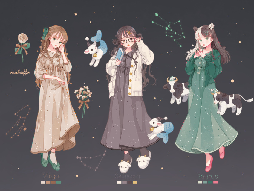 3girls adjusting_eyewear animal_slippers bell black_background black_hair book bow brown_dress brown_eyes brown_hair buttons capricorn_(constellation) capricorn_(zodiac) cardigan constellation cow dress earrings english_text flower full_body glasses green_bow green_dress green_eyes green_footwear green_ribbon grey_dress hair_bow hair_bun hair_ornament highres holding jacket jewelry long_dress long_hair long_sleeves looking_at_viewer mokaffe multicolored_hair multiple_girls nail_polish open_cardigan open_clothes open_mouth original pink_footwear red_lips ribbon rose sheep slippers smile socks standing star_(symbol) stuffed_animal stuffed_toy taurus_(constellation) taurus_(zodiac) two-tone_hair virgo_(constellation) virgo_(zodiac) white_flower white_hair white_rose zodiac