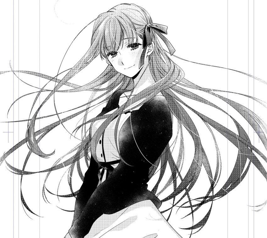 1girl blush buttons commentary cowboy_shot dress fate/stay_night fate_(series) floating_hair greyscale hair_ribbon highres light_smile long_hair long_sleeves looking_at_viewer matou_sakura monochrome puffy_sleeves ran_(ran_0605) ribbon simple_background solo upper_body