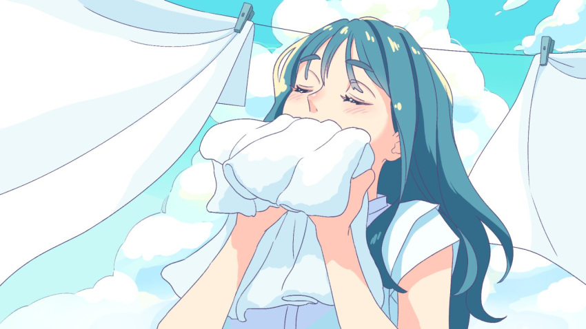 1girl blue_hair blue_sky blush closed_eyes clothesline cloud cloudy_sky day green_sky hands_up holding laundry long_hair original outdoors shirt short_sleeves sky smelling smelling_clothes solo tamiura_0422 upper_body white_shirt