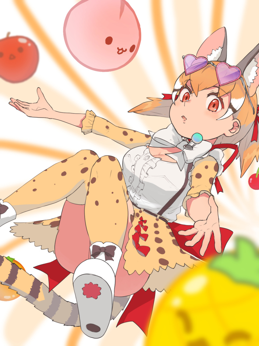 :3 animal_ear_fluff animal_ears animal_print back_bow blonde_hair boots bow bowtie brown_hair cat_ears cat_girl cat_print cat_tail center_frills extra_ears eyewear_on_head frilled_sleeves frills heart heart-shaped_eyewear highres kemono_friends kemono_friends_v_project large-spotted_genet_(kemono_friends) looking_at_viewer orange_eyes print_skirt print_sleeves print_thighhighs red_bow shirt short_hair short_twintails skirt suspender_skirt suspenders tail thighhighs twintails virtual_youtuber white_bow white_bowtie white_footwear white_hair white_shirt y0whqzz8bkslezl zettai_ryouiki