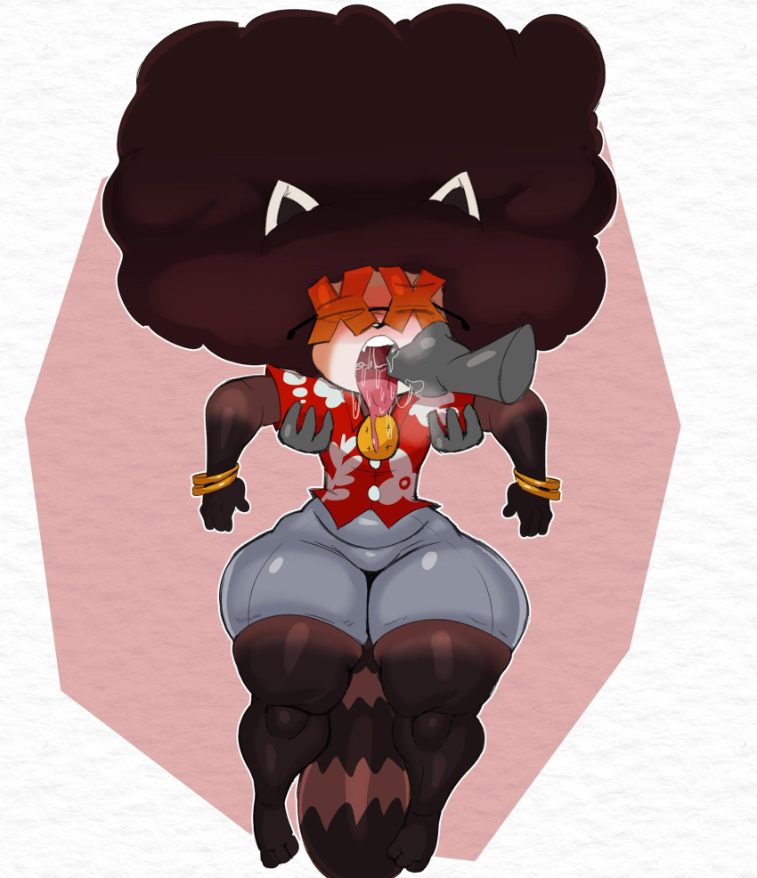 afro ailurid anthro blush bodily_fluids bulge carried clothed clothing drooling drooling_tongue eyewear finger_in_mouth gambaina_(character) hi_res male mammal purple_yoshi_draws red_panda saliva simple_background solo sunglasses tail thick_thighs tongue tongue_out wide_hips