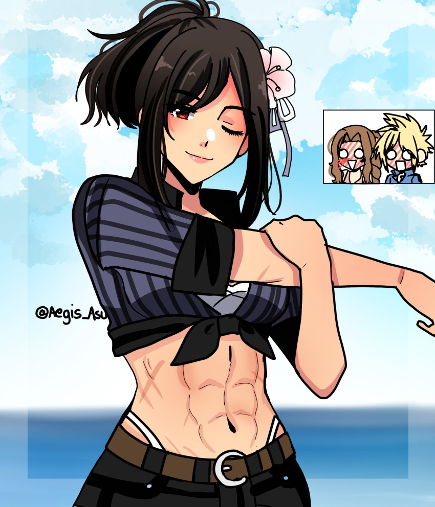 1boy 2girls abs aerith_gainsborough aerith_gainsborough_(pink_mermaid) asukaaasuu beach belt black_hair blonde_hair blush brown_hair cloud_strife cloud_strife_(ocean_chocobo) crop_top final_fantasy final_fantasy_vii final_fantasy_vii_rebirth final_fantasy_vii_remake flower front-tie_top full-face_blush hair_flower hair_ornament highres multiple_girls muscular muscular_female ocean official_alternate_costume official_alternate_hairstyle one_eye_closed smile spiked_hair square_mouth stretching thong tifa_lockhart_(majestic_glamour) triangle_mouth