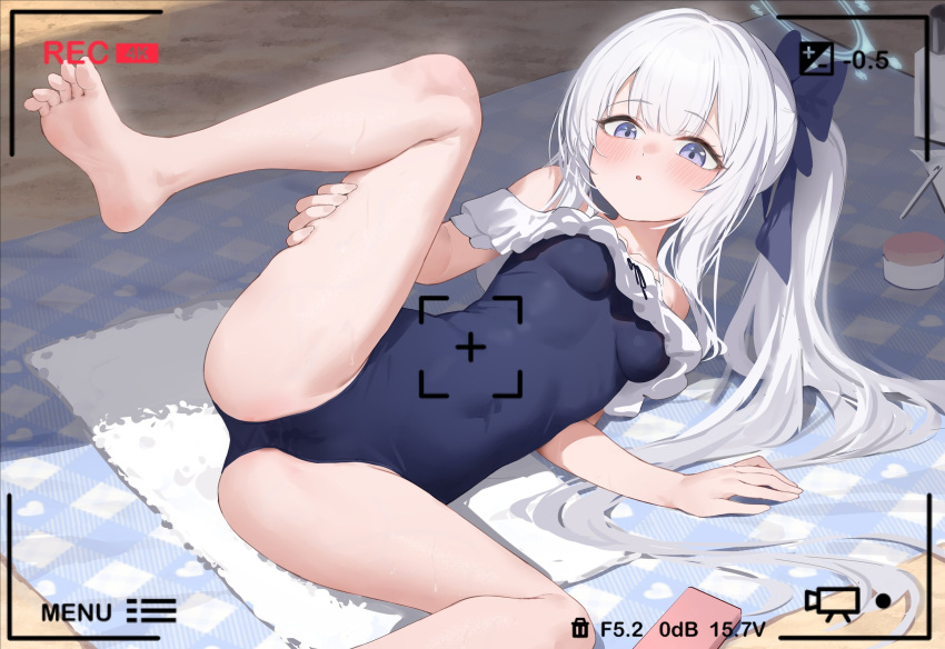 1girl ass bare_arms bare_legs bare_shoulders barefoot black_one-piece_swimsuit blue_archive blue_halo blush breasts casual_one-piece_swimsuit commentary frilled_one-piece_swimsuit frills hagi_(ame_hagi) halo highres long_hair miyako_(blue_archive) miyako_(swimsuit)_(blue_archive) off-shoulder_one-piece_swimsuit off_shoulder official_alternate_costume official_alternate_hairstyle one-piece_swimsuit parted_lips ponytail purple_eyes school_swimsuit small_breasts solo swimsuit symbol-only_commentary toes viewfinder white_hair
