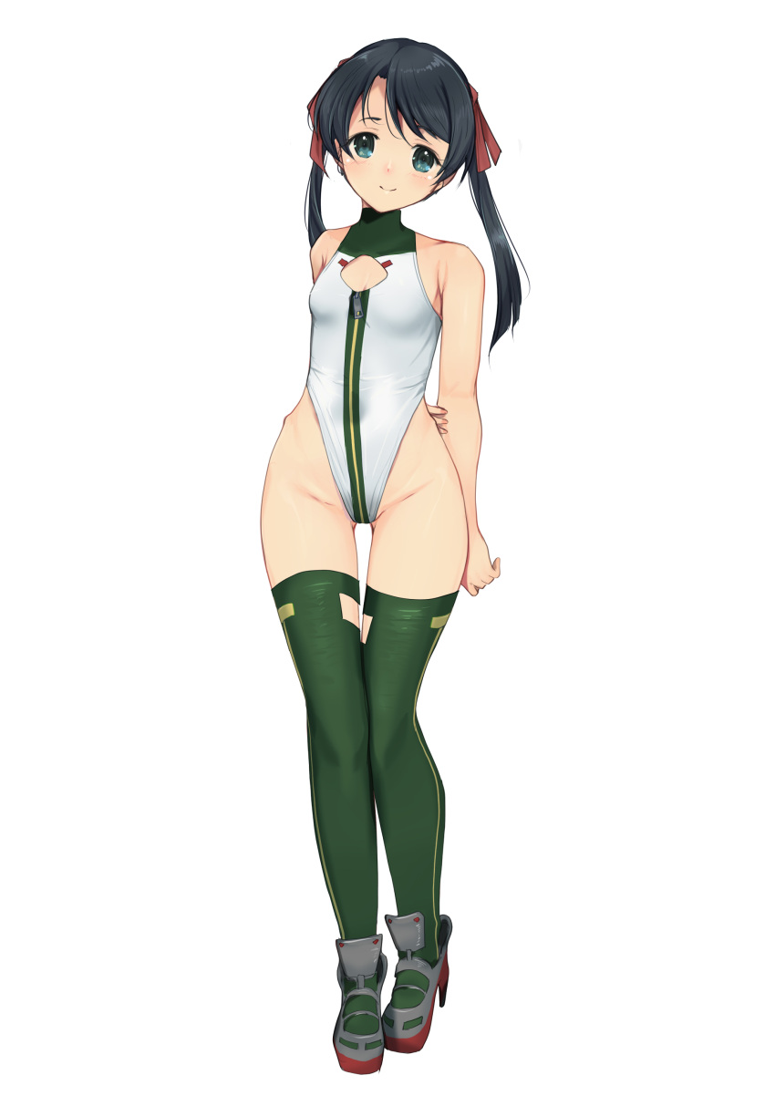 1girl absurdres adapted_costume alice_gear_aegis alternate_costume blue_eyes breasts character_name circle_cutout cleavage_cutout clothing_cutout commentary_request companion/af covered_collarbone front_zipper full-length_zipper full_body green_thighhighs hair_ribbon highleg highleg_leotard highres kantai_collection leotard long_hair mikuma_(kancolle) race_queen ribbon simple_background sleeveless_turtleneck_leotard small_breasts smile solo swept_bangs thigh_gap thighhighs turtleneck_leotard twintails two-tone_leotard white_background white_leotard yashin_(yasinz) zipper zipper_leotard zipper_pull_tab