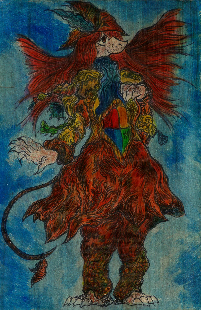 abstract_background absurd_res accessory alba_marigold anthro armor burmecian claws clothing coat_of_arms colored_pencil_(artwork) cravat female final_fantasy final_fantasy_ix furgonomics ginger hair headgear helmet hi_res janet_k_wallace long_hair mammal orange_clothing orange_hair painting_(artwork) ribbons rodent solo square_enix standing tail tail_accessory tail_ribbon traditional_media_(artwork) watercolor_(artwork)