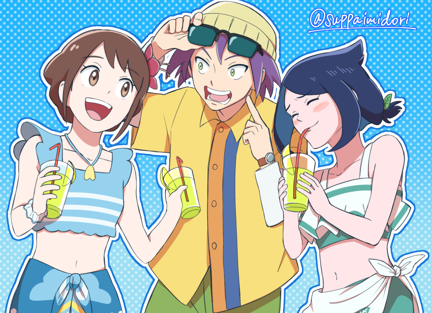 blue_background blue_hair blush brown_eyes brown_hair closed_eyes cup drink eyewear_on_head glass gloria_(pokemon) green_eyes happy highres holding holding_cup james_(pokemon) liko_(pokemon) midriff navel open_mouth pokemon pokemon_(anime) pokemon_sv purple_hair sarong suppaimidori swimsuit watch