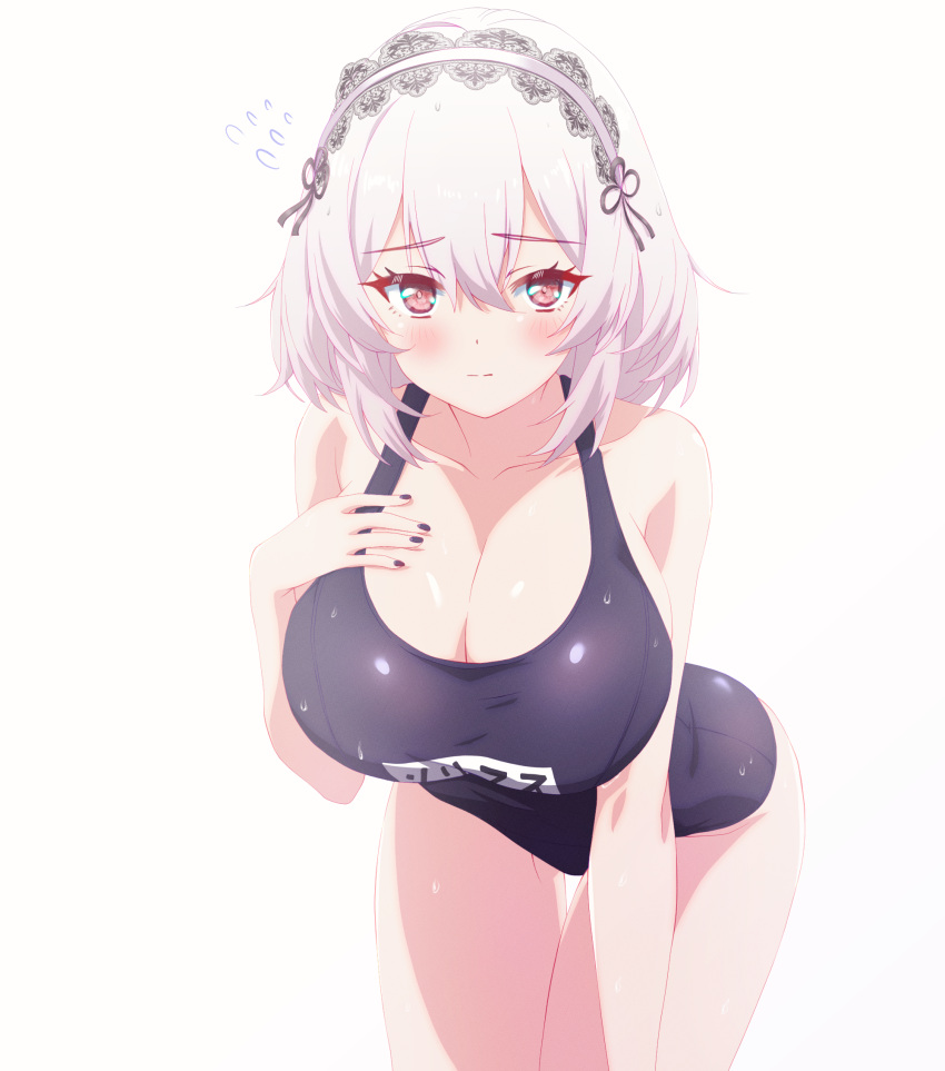 1girl alternate_costume arbiter1 azur_lane blue_one-piece_swimsuit breasts cleavage cow hairband hand_on_own_chest highres lace-trimmed_hairband lace_trim large_breasts leaning_forward maid_headdress medium_hair nail name_tag one-piece_swimsuit red_eyes school_swimsuit sirius_(azur_lane) swimsuit white_background white_hair