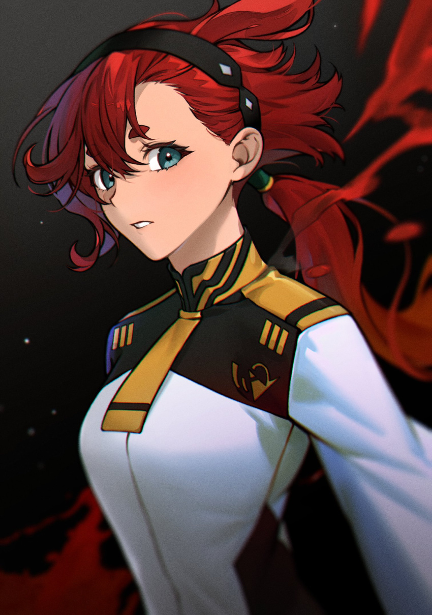 1girl aqua_eyes black_background black_hairband blood blood_splatter cheongdan_t gundam gundam_suisei_no_majo hairband highres jacket long_hair long_sleeves looking_at_viewer low_ponytail parted_lips red_hair solo suletta_mercury swept_bangs thick_eyebrows upper_body white_jacket