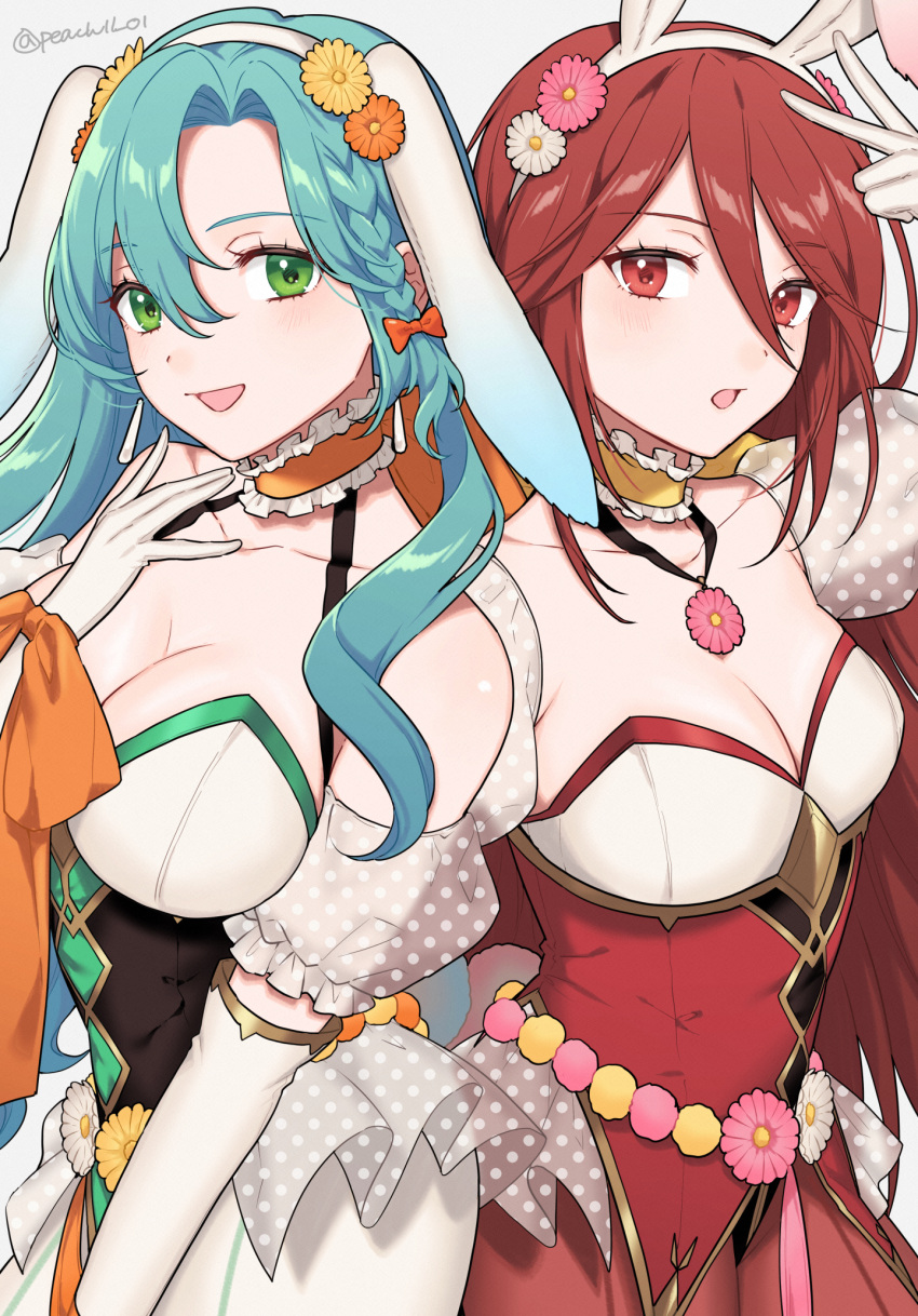 2girls :d animal_ears aqua_hair arm_up bare_shoulders bow braid breasts chloe_(fire_emblem) choker cleavage commentary_request cordelia_(fire_emblem) detached_sleeves elbow_gloves fake_animal_ears fire_emblem fire_emblem_awakening fire_emblem_engage fire_emblem_heroes gloves green_eyes hair_bow highres large_breasts long_hair looking_at_viewer multiple_girls official_alternate_costume open_mouth orange_bow orange_choker pantyhose peach11_01 puffy_short_sleeves puffy_sleeves rabbit_ears red_eyes red_hair red_pantyhose short_sleeves smile upper_body very_long_hair white_gloves