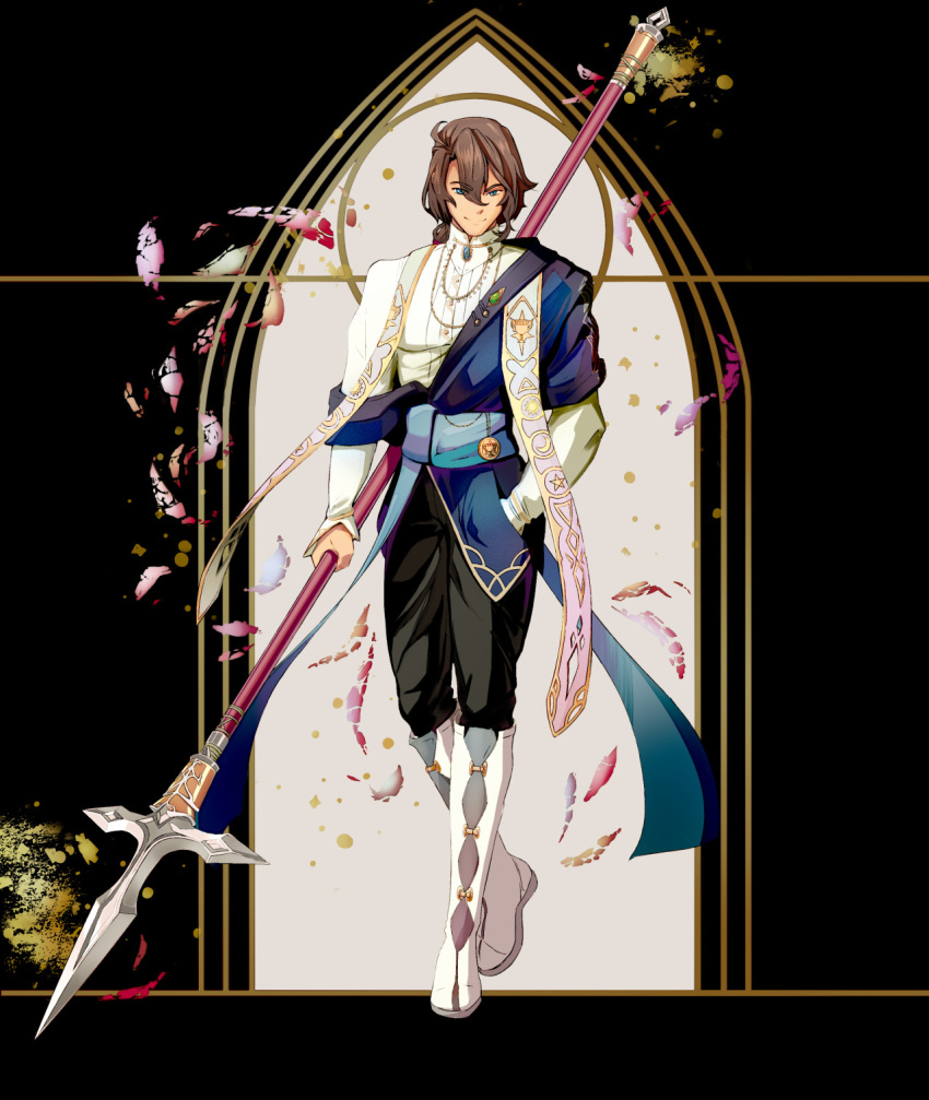 1boy ahoge brooch brown_hair commission double-parted_bangs eiyuu_densetsu falling_petals full_body gaius_worzel green_eyes hair_between_eyes hand_in_pocket highres holding holding_polearm holding_weapon jewelry mixed-language_commentary necklace petals polearm ponytail sash sen_no_kiseki smile solo spear spectersticks weapon