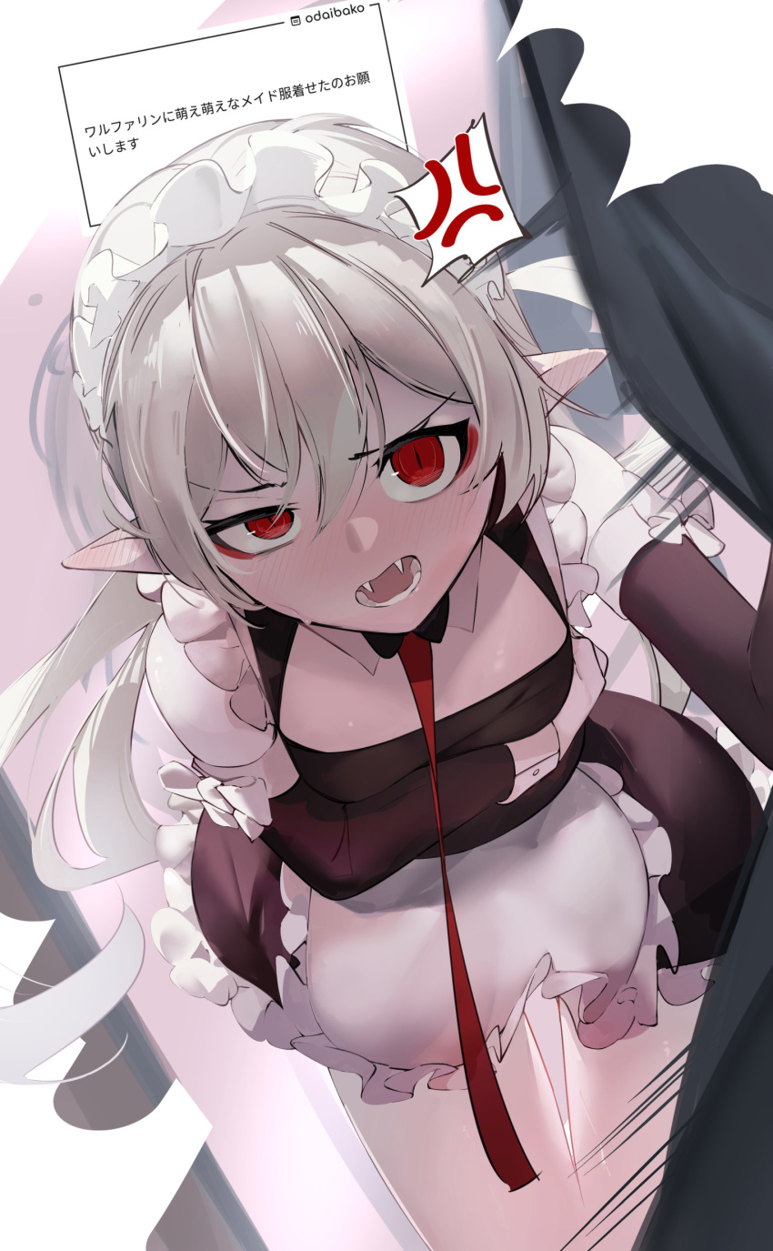 1girl 1other absurdres alternate_costume anger_vein angry ao_oni_(onioni-aoi) apron arknights arm_under_breasts black_dress blush bow cleavage_cutout clothing_cutout commentary_request dress ear_blush embarrassed enmaided fangs frilled_apron frilled_dress frills from_above full-face_blush grey_hair hair_between_eyes highres inset long_hair looking_at_viewer maid maid_apron maid_headdress nose_blush open_mouth pantyhose pointy_ears red_eyes request_inset sketch slit_pupils sweatdrop translation_request tsundere uneven_eyes warfarin_(arknights) white_apron white_bow white_pantyhose