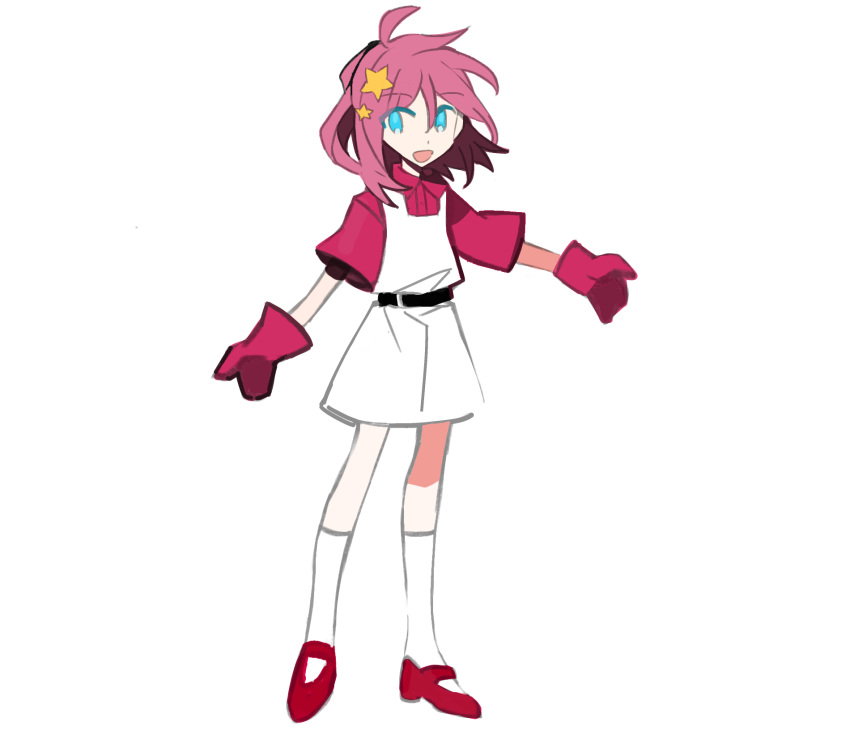 1girl ahoge belt belt_buckle black_belt blue_eyes buckle chinese_commentary collared_shirt commentary_request dress full_body gloves hair_between_eyes hair_ornament highres humanization kirby kirby_(series) kneehighs looking_at_viewer mary_janes medium_hair open_mouth outstretched_arm pink_gloves pink_hair pink_shirt pink_sleeves red_footwear shirt shoes short_dress short_sleeves simple_background sleeveless sleeveless_shirt smile socks solo star_(symbol) star_hair_ornament tiankong_yiji white_background white_dress white_socks