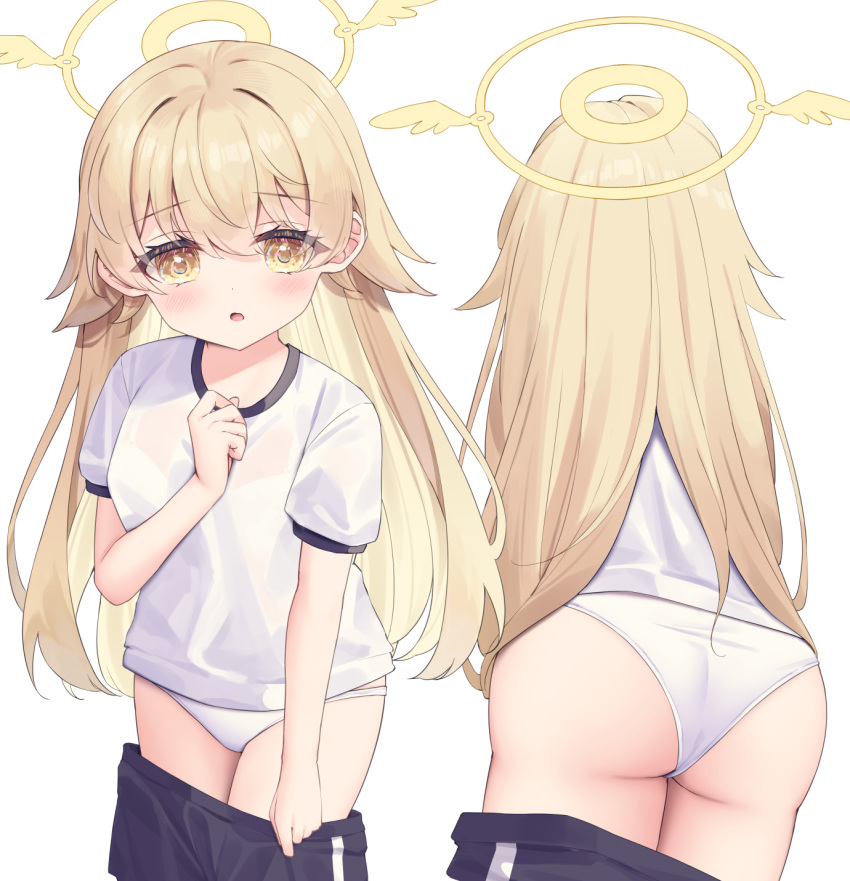 1girl :o ass black_shorts blonde_hair blue_archive blush breasts brown_eyes clothes_pull gym_shirt gym_shorts gym_uniform hair_between_eyes hair_flaps halo hand_up hifumi_(blue_archive) highres long_hair looking_at_viewer multiple_views panties parted_lips puffy_short_sleeves puffy_sleeves satsuki_yukimi shirt short_shorts short_sleeves shorts shorts_pull simple_background small_breasts underwear very_long_hair white_background white_panties white_shirt