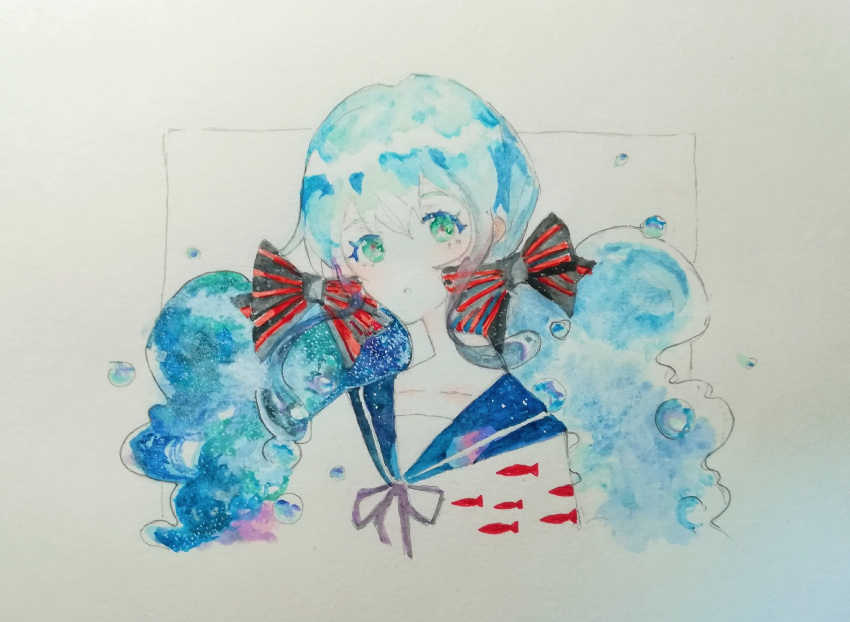 1girl aqua_hair blue_hair blue_sailor_collar bottle_miku bow bubble cihaochabuduoyizuofei colored_skin fish green_eyes hair_between_eyes hair_bow hair_ribbon hatsune_miku highres liquid_hair long_hair looking_at_viewer multicolored_hair neck_ribbon painting_(medium) parted_lips photo_(medium) ribbon sailor_collar school_uniform serafuku shirt solo striped_bow striped_ribbon traditional_media twintails two-tone_hair upper_body vocaloid watercolor_(medium) white_background white_shirt white_skin