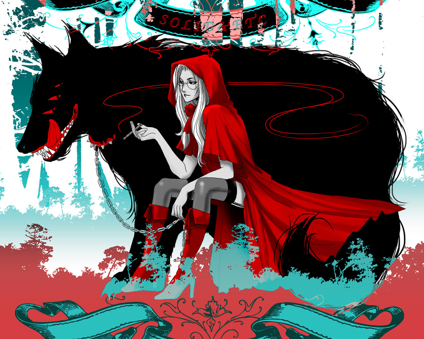 1girl artist_name boots cloak cosplay glasses hellsing high_heel_boots high_heels highres integra_hellsing invisible_chair knee_boots limited_palette little_red_riding_hood little_red_riding_hood_(grimm) little_red_riding_hood_(grimm)_(cosplay) long_hair red_cloak red_hood sharp_teeth sitting teeth thighhighs tongue tongue_out toshimichi_yukari wolf