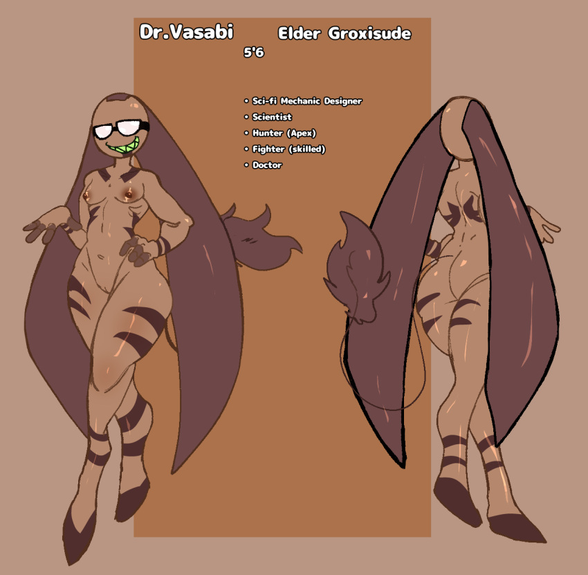 breasts dr.vasabi drosgrassy_06 english_text eyewear female female_(lore) flat_chested full-length_portrait genitals glistening glistening_body glistening_breasts glistening_skin goggles grin groxisude hi_res humanoid markings model_sheet nude portrait pussy small_breasts smile striped_markings stripes tail text thick_thighs