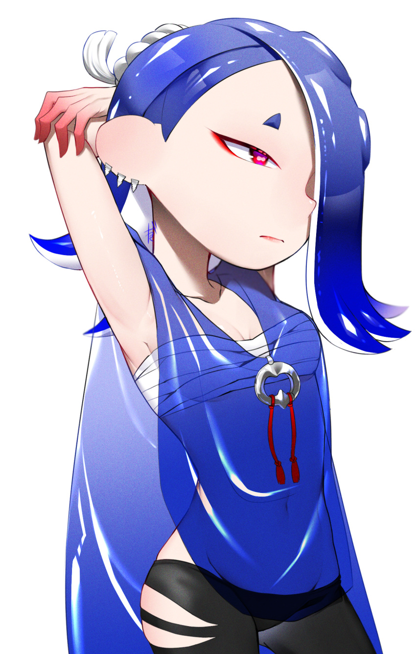 1girl armpits arms_behind_head black_pants blue_hair blue_shawl breasts cephalopod_eyes chest_sarashi closed_mouth commentary_request groin hachimaki hair_over_one_eye headband highres medium_breasts medium_hair navel nejiri_hachimaki octoling pants red_eyes red_pupils sarashi shawl shiver_(splatoon) simple_background solo splatoon_(series) splatoon_3 standing takagi_(tkgiii) tentacle_hair thick_eyebrows tooth_earrings torn_clothes torn_pants white_background