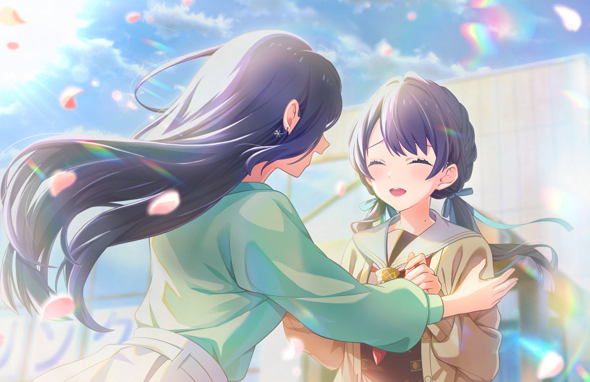 2girls aqua_sweater blue_hair blue_sky blurry blurry_background brown_cardigan brown_dress cardigan cherry_blossoms closed_eyes dark_blue_hair dress earrings facing_another falling_petals hair_ribbon hasu_no_sora_school_uniform highres jewelry lens_flare link!_like!_love_live! long_hair long_sleeves love_live! low_twintails mole mole_on_neck multiple_girls murano_sayaka murano_tsukasa neckerchief official_art open_mouth petals pink_petals red_neckerchief ribbon sailor_collar sailor_dress school_uniform siblings sidelocks sisters skirt sky smile snowflake_earrings sweater swept_bangs third-party_source twintails upper_body white_sailor_collar white_skirt winter_uniform