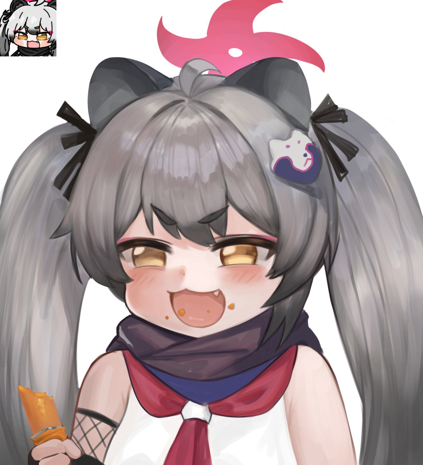 1girl :d ahoge animal_ears bare_shoulders black_ribbon black_scarf blue_archive brown_eyes commentary_request dokomon fang food food_on_face grey_hair hair_intakes hair_ornament hair_ribbon halo highres holding holding_food korean_commentary long_hair michiru_(blue_archive) neckerchief raccoon_ears red_neckerchief ribbon scarf shirt short_eyebrows simple_background sleeveless sleeveless_shirt smile thick_eyebrows twintails upper_body v-shaped_eyebrows white_background white_shirt