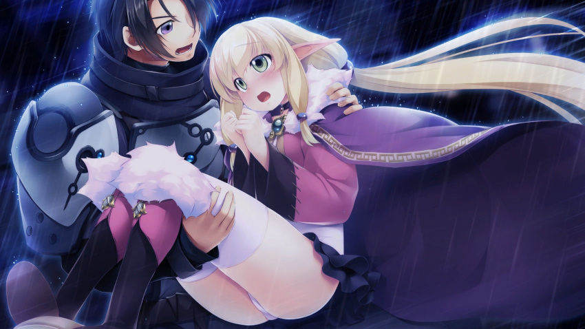 1boy 1girl armor atelier-moo blonde_hair blush boots brown_eyes carrying cloak elf embarrassed full_body green_eyes hair_between_eyes highres holding jewelry long_hair long_pointy_ears long_sleeves miniskirt night open_mouth our_battle_has_just_begun! pointy_ears princess_carry purple_cloak rain short_hair skirt synsya thighhighs thighs twintails very_long_hair