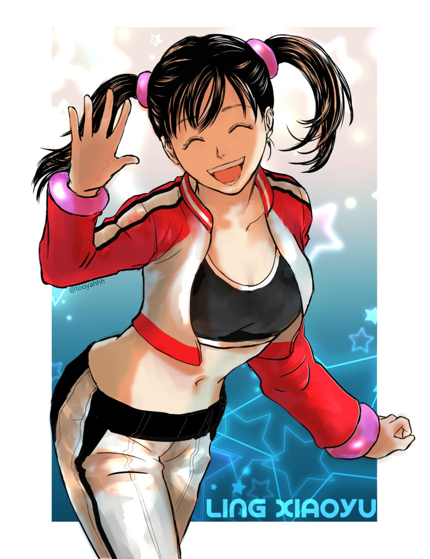 &gt;_&lt; 1girl :d breasts character_name crop_top cropped_jacket from_side highres jacket ling_xiaoyu midriff navel open_clothes open_jacket open_mouth pants ponytail red_footwear red_jacket side_ponytail simple_background smile solo sweatpants tekken tekken_4 tooyahh twintails white_pants xd