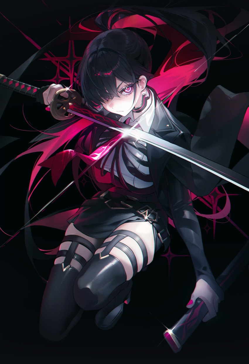 1girl absurdres black_background black_footwear black_gloves black_hair black_jacket black_thighhighs cerberus_(legendary_sword) closed_mouth collared_shirt diffraction_spikes elbow_gloves full_body gloves hair_over_one_eye highres holding holding_sheath holding_sword holding_weapon jacket lapels legendary_sword long_hair looking_at_viewer multicolored_eyes multicolored_hair nail_polish necktie okazu_(eightstudio) open_clothes open_jacket partially_fingerless_gloves pink_eyes pink_hair pink_nails pink_necktie ponytail purple_eyes ringed_eyes sheath shirt solo streaked_hair sword thighhighs two-tone_hair very_long_hair weapon white_shirt