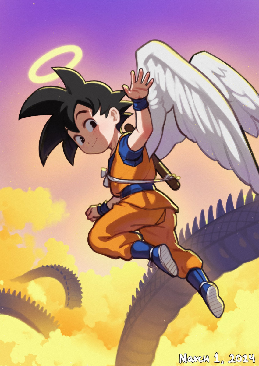 angel_wings black_hair blue_footwear blue_shirt boots cloud dated derivative_work dougi dragon_ball dragon_ball_z feathered_wings from_behind gradient_background halo highres looking_at_viewer medium_hair orange_background orange_pants orange_shirt pants purple_background ruyi_jingu_bang shirt short_sleeves sleeveless sleeveless_shirt son_goku spiked_hair sunna_(nilsunna) waving wings yellow_clouds