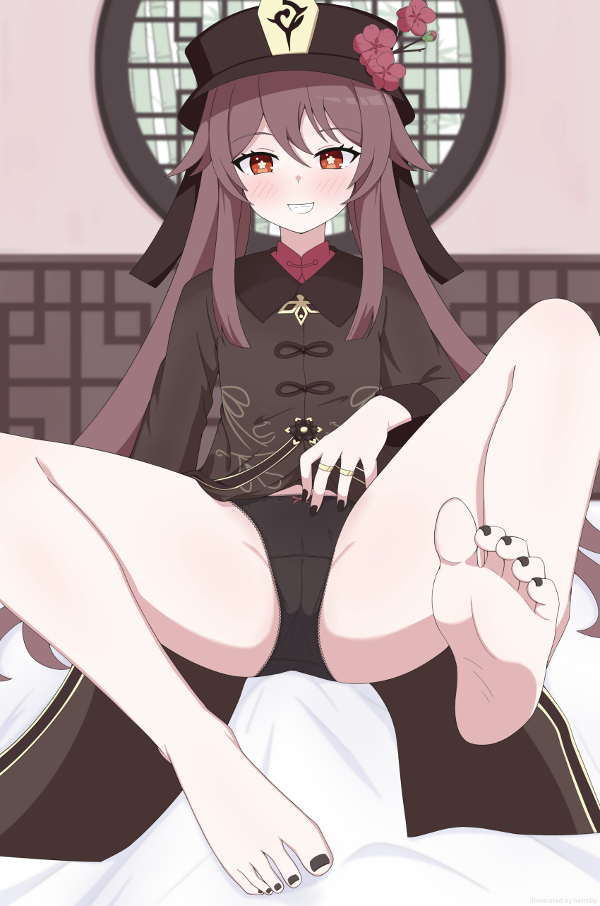 1girl absurdres barefoot black_headwear black_nails black_panties blush bow bow_panties brown_hair cameltoe chinese_clothes crotch crotch_seam flower flower-shaped_pupils genshin_impact hair_between_eyes hairclip_(user_rasc5457) hat hat_flower hat_tassel highres hu_tao_(genshin_impact) indoors jewelry long_hair long_sleeves looking_at_viewer no_pants panties plum_blossoms porkpie_hat red_eyes ring sitting smile soles solo spread_legs symbol-shaped_pupils tailcoat teeth toes twintails underwear