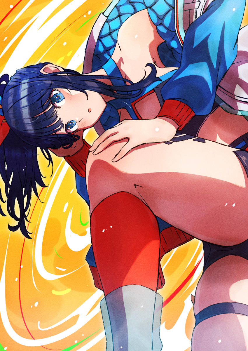 1girl absurdres blue_eyes blue_hair blue_jacket blush cruzango0510 dark_blue_hair from_below gridman_universe highres jacket leg_tattoo long_sleeves looking_at_viewer looking_down parted_lips ponytail red_socks shiny_skin socks solo ssss.gridman takarada_rikka tattoo thick_thighs thigh_strap thighs yellow_background