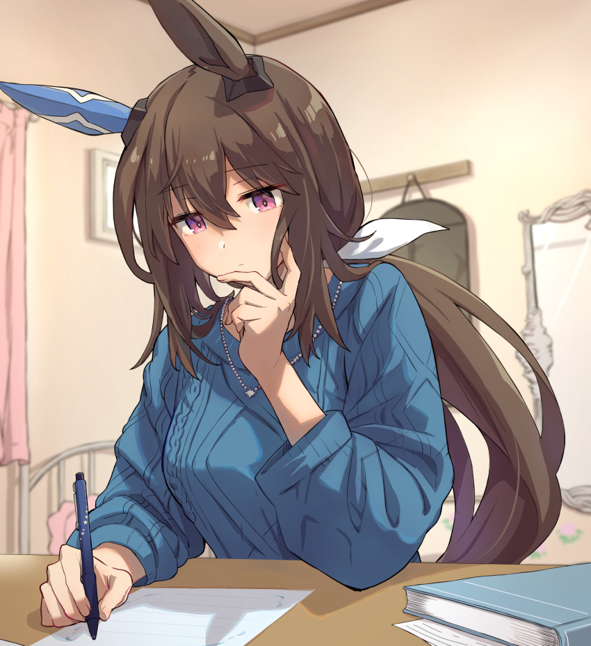 1girl admire_vega_(umamusume) animal_ears blue_sweater book breasts brown_hair commentary_request ear_covers hair_between_eyes hair_ribbon highres holding holding_pen horse_ears horse_girl indoors jewelry long_hair long_sleeves medium_breasts necklace paper pen ponytail purple_eyes ribbon single_ear_cover sitting solo starheart sweater umamusume white_ribbon writing