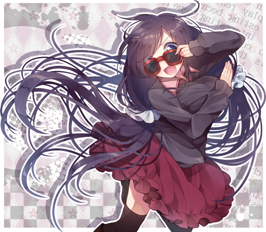 1girl adjusting_eyewear argyle_background arm_across_chest arm_under_breasts black_hair black_shirt black_sleeves black_thighhighs blue_eyes border breasts checkered_background circle_skirt collar collared_shirt commentary_request cowboy_shot drop_shadow frilled_skirt frills grey_background hand_on_eyewear hatena_heartbeat large_breasts long_hair long_sleeves looking_at_viewer love_live! miniskirt open_mouth outline outside_border pink_background pink_collar red-framed_eyewear red_skirt shirt simple_background skirt sleeves_past_wrists smile solo sunglasses thighhighs tojo_nozomi two-tone_background usamata v-shaped_eyebrows very_long_hair white_border white_outline