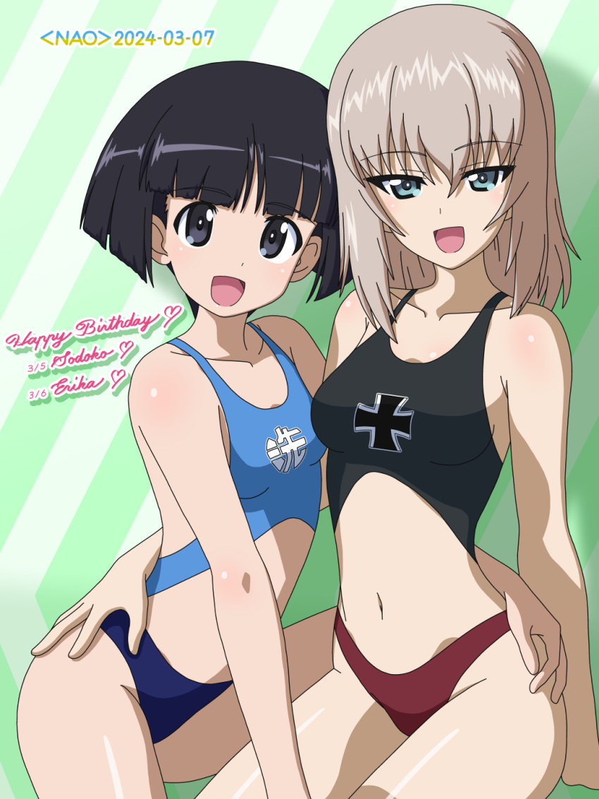 2girls black_hair blonde_hair blue_eyes blush breasts dated emblem girls_und_panzer grey_eyes hand_on_another's_hip happy_birthday highres itsumi_erika kuromorimine_(emblem) kuromorimine_military_uniform long_hair looking_at_viewer multiple_girls naotosi open_mouth short_hair signature small_breasts smile sono_midoriko swimsuit